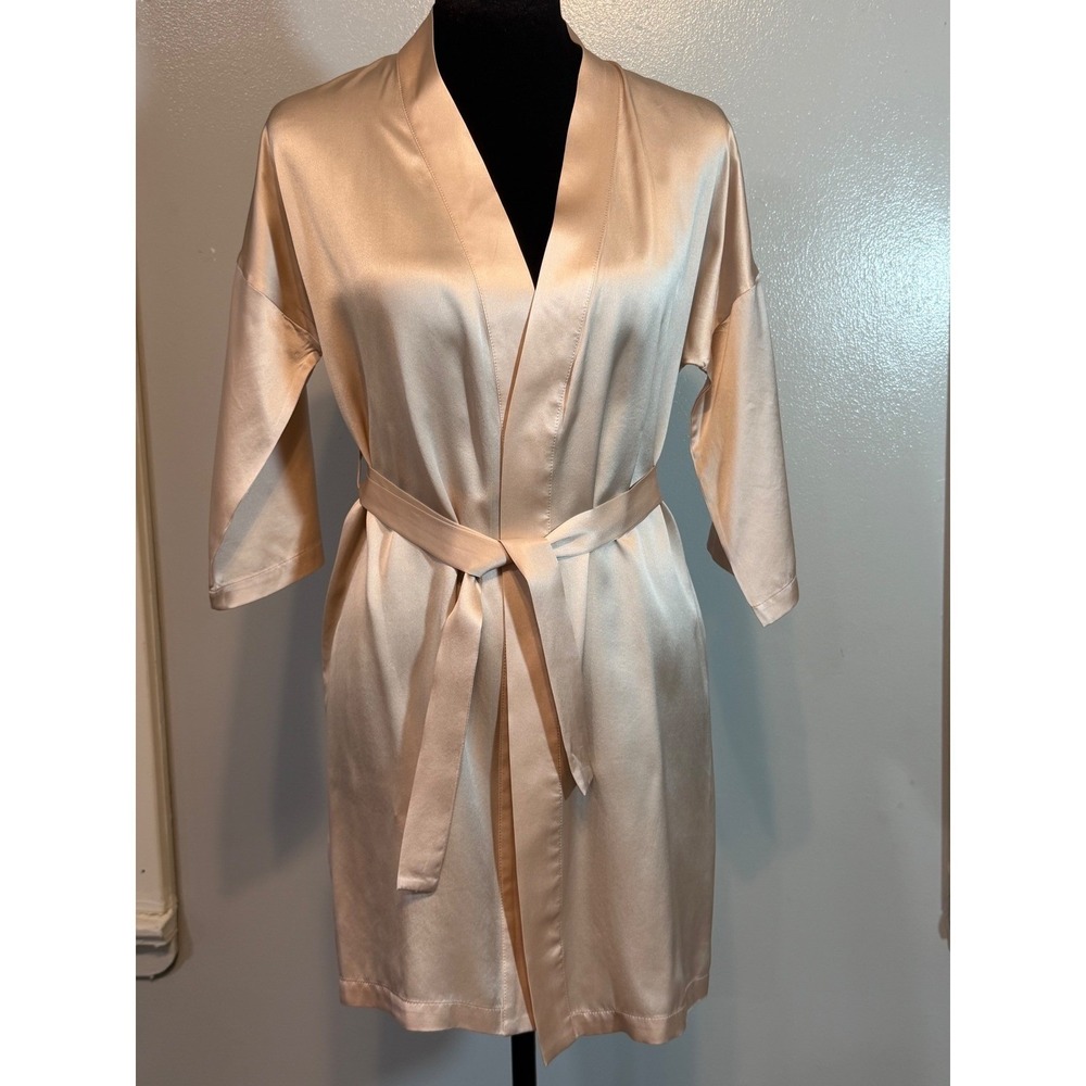 Slipintosoft 100% Silk Kimono Robe Champagne Tie Waist Luxury Lounge Large - Picture 6 of 13